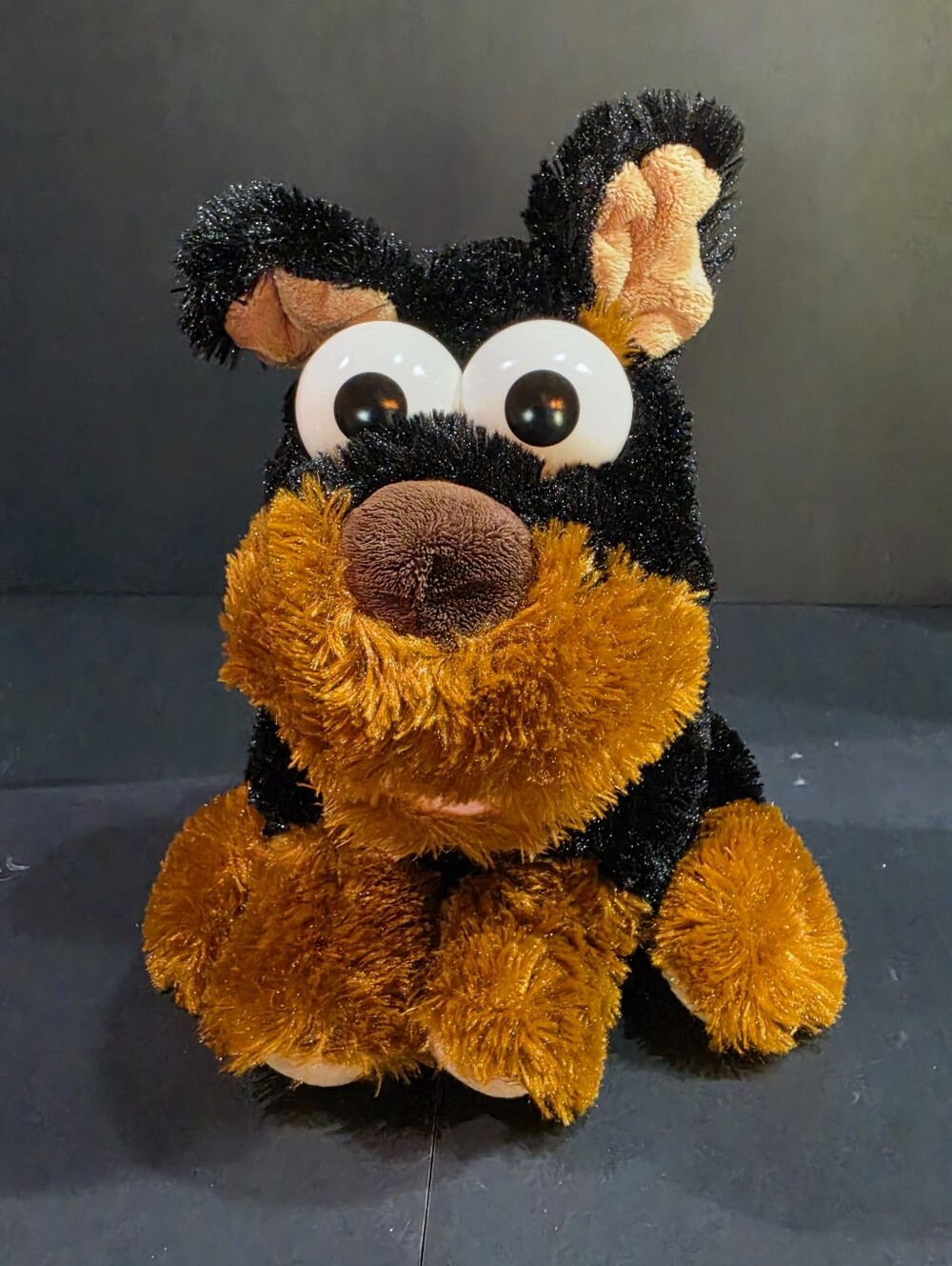 Dog Hand Puppet Black Tan Faux Fur Large Bulging Eyes Plush Toy